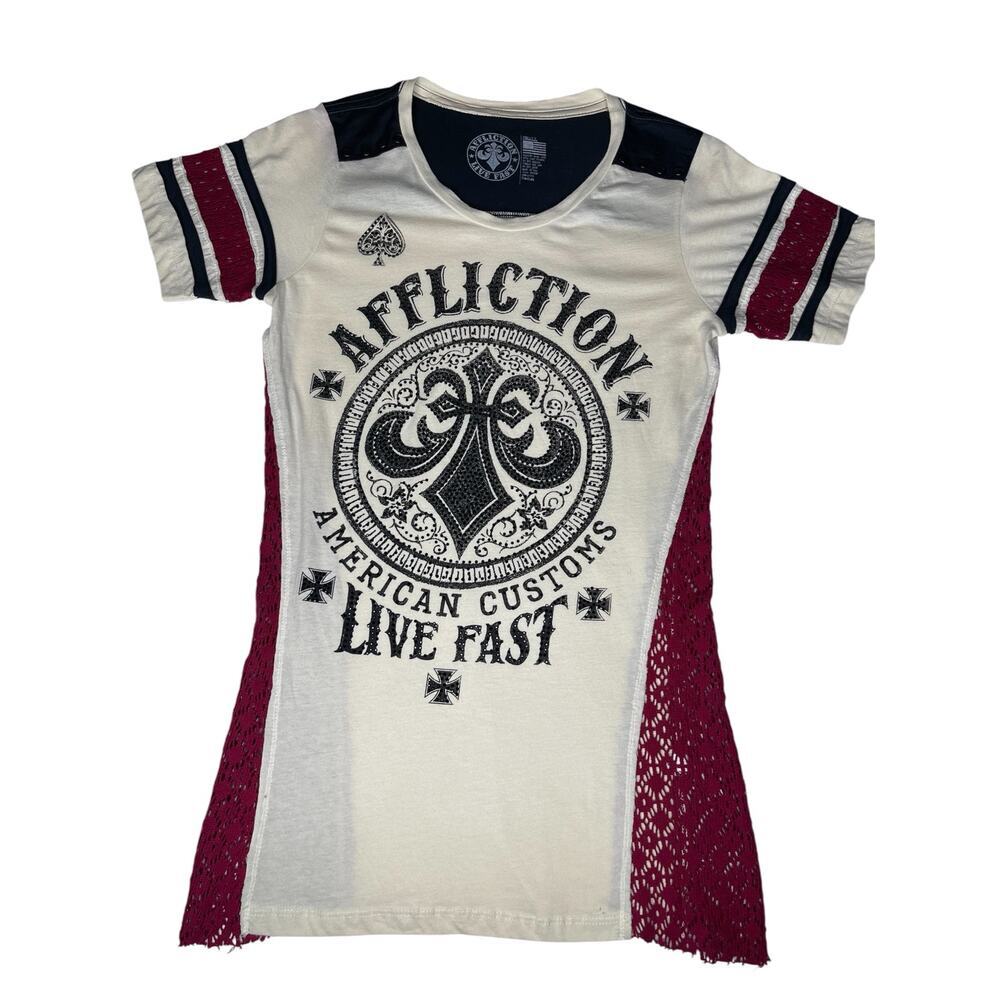 Affliction Live Fast American Customs Studded Graphic shirt S Cream Black Flawed - Picture 11 of 11